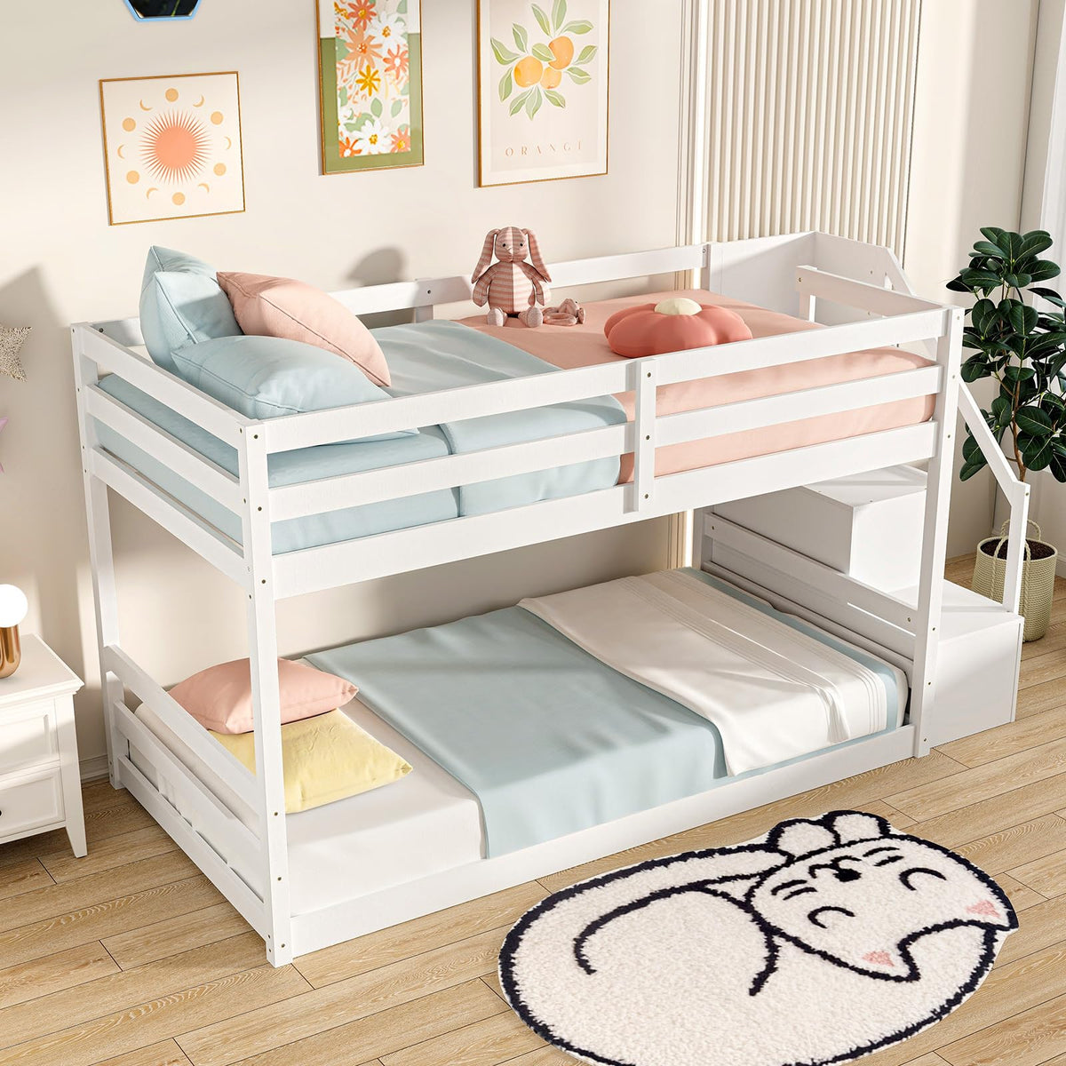 White Twin Over Twin Solid Wood Bunk Bed with Stairs A737