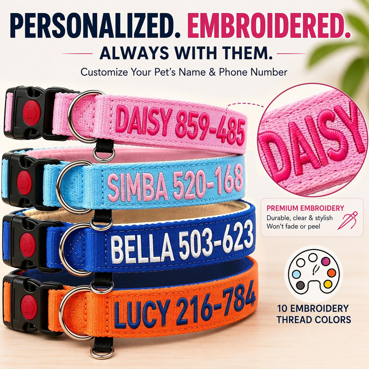 Custom Embroidered Dog Collar with Name and Number R858