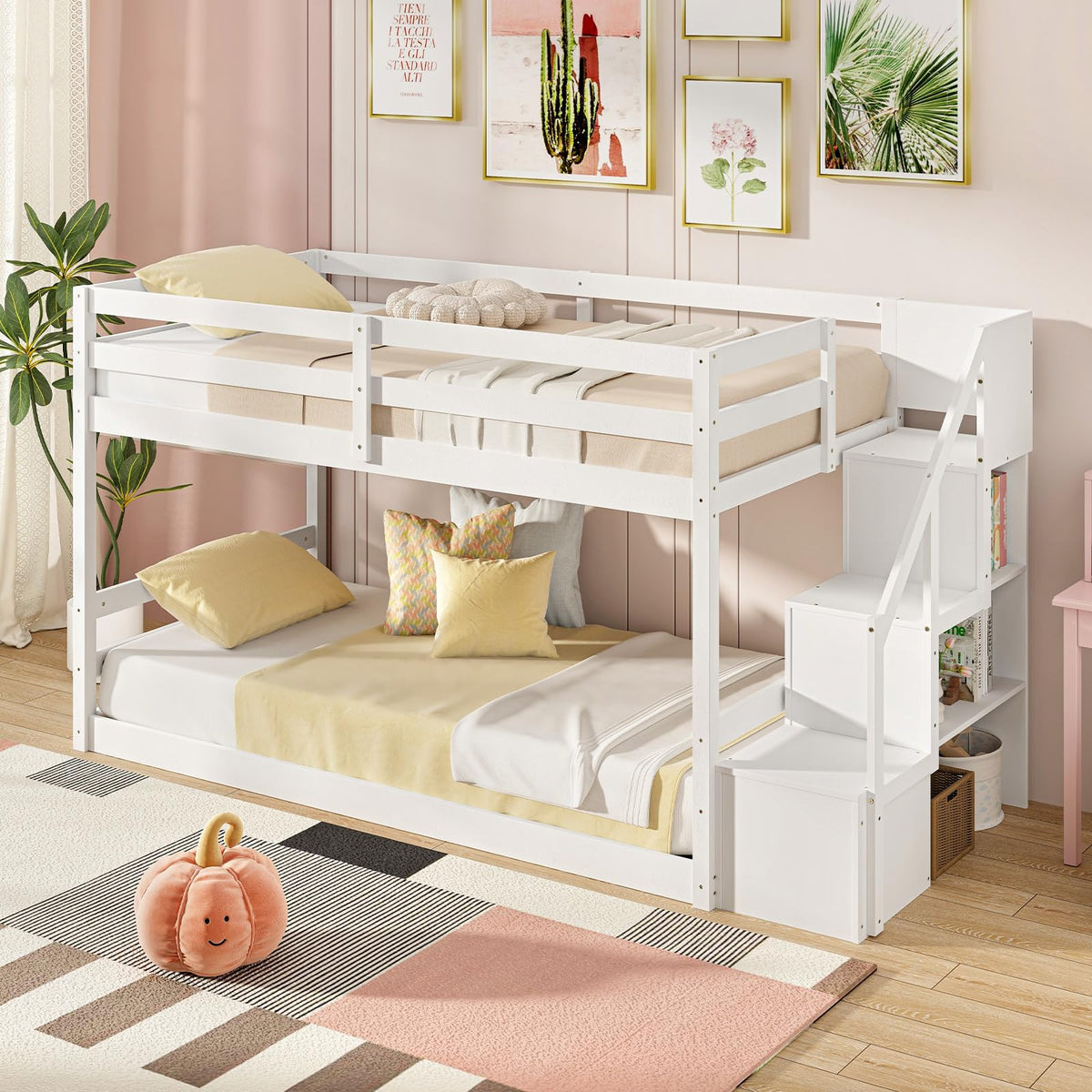 White Twin Over Twin Solid Wood Bunk Bed with Stairs A737
