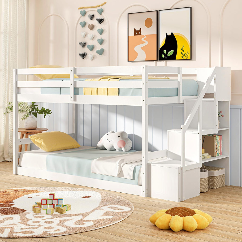 White Twin Over Twin Solid Wood Bunk Bed with Stairs A737