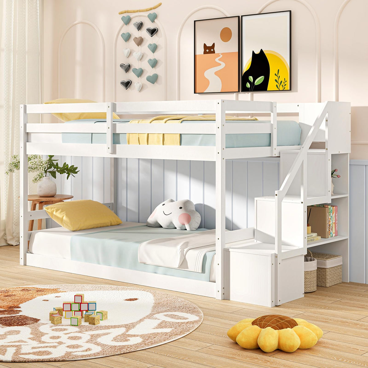 White Twin Over Twin Solid Wood Bunk Bed with Stairs A737