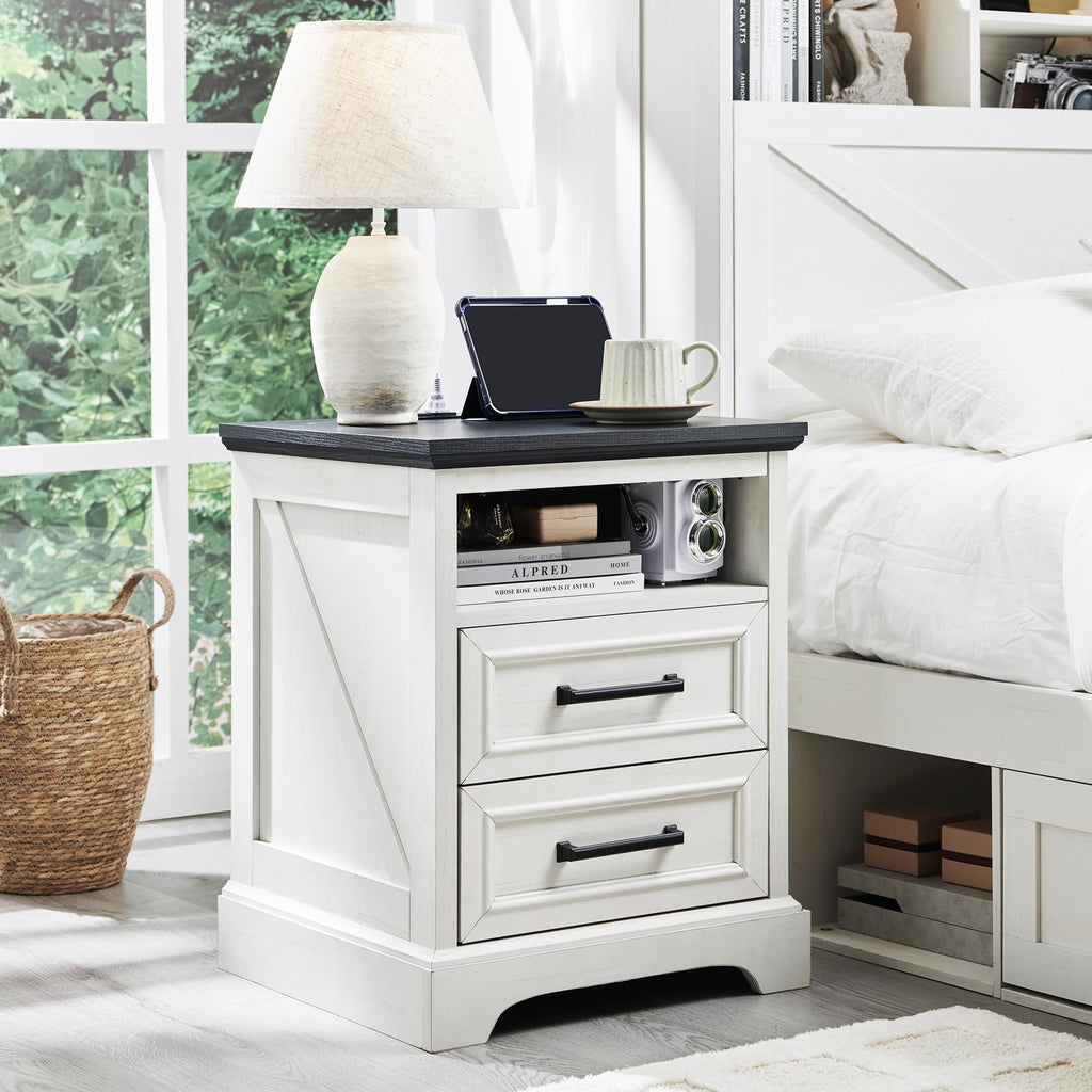 18" Antique White Nightstand with Charging Station O1986