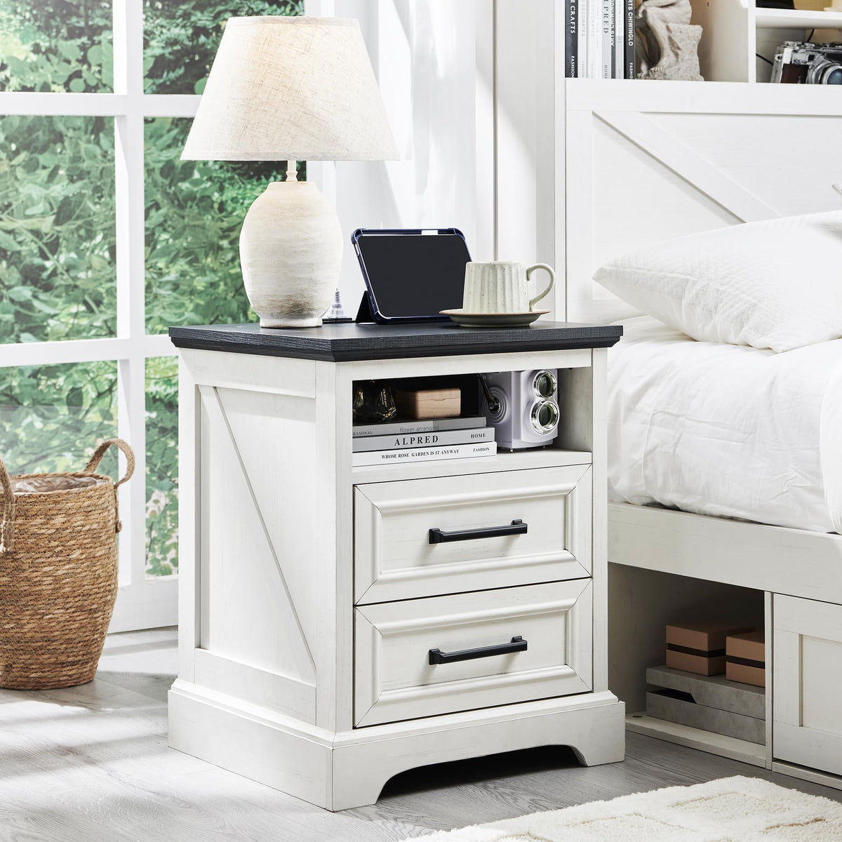 18" Antique White Nightstand with Charging Station O1986