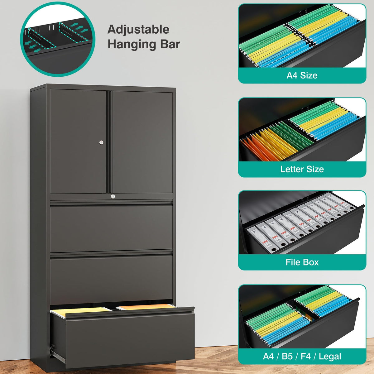 Black 3 Drawer Metal File Cabinet with Lock and Shelf F3252