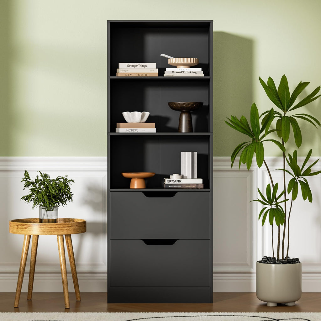 63" H Black Bookshelf with 2 Drawers J9178