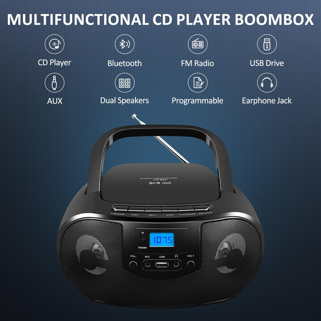 Portable CD Player Boombox with FM Radio, Bluetooth, Remote Control, Black W864