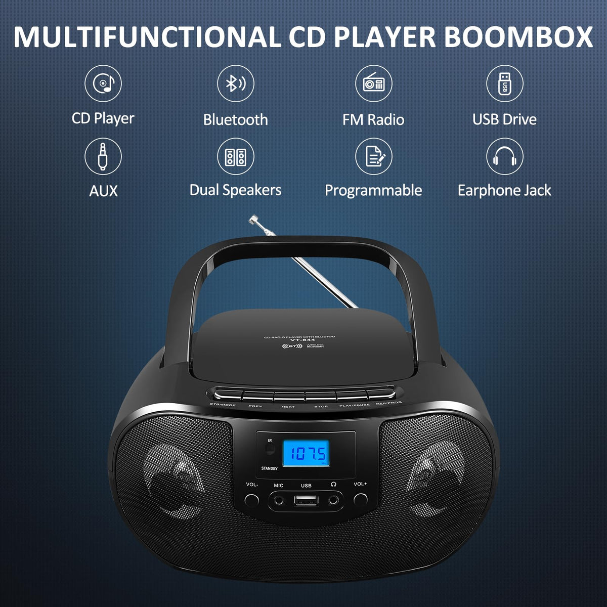 Portable CD Player Boombox with FM Radio, Bluetooth, Remote Control, Black W864