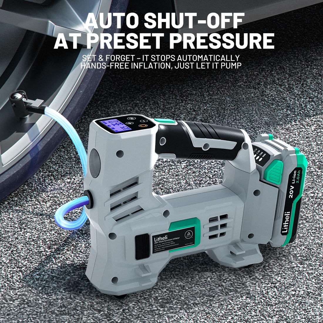 20V Cordless Tire Inflator Air Compressor with Digital Pressure Gauge P358