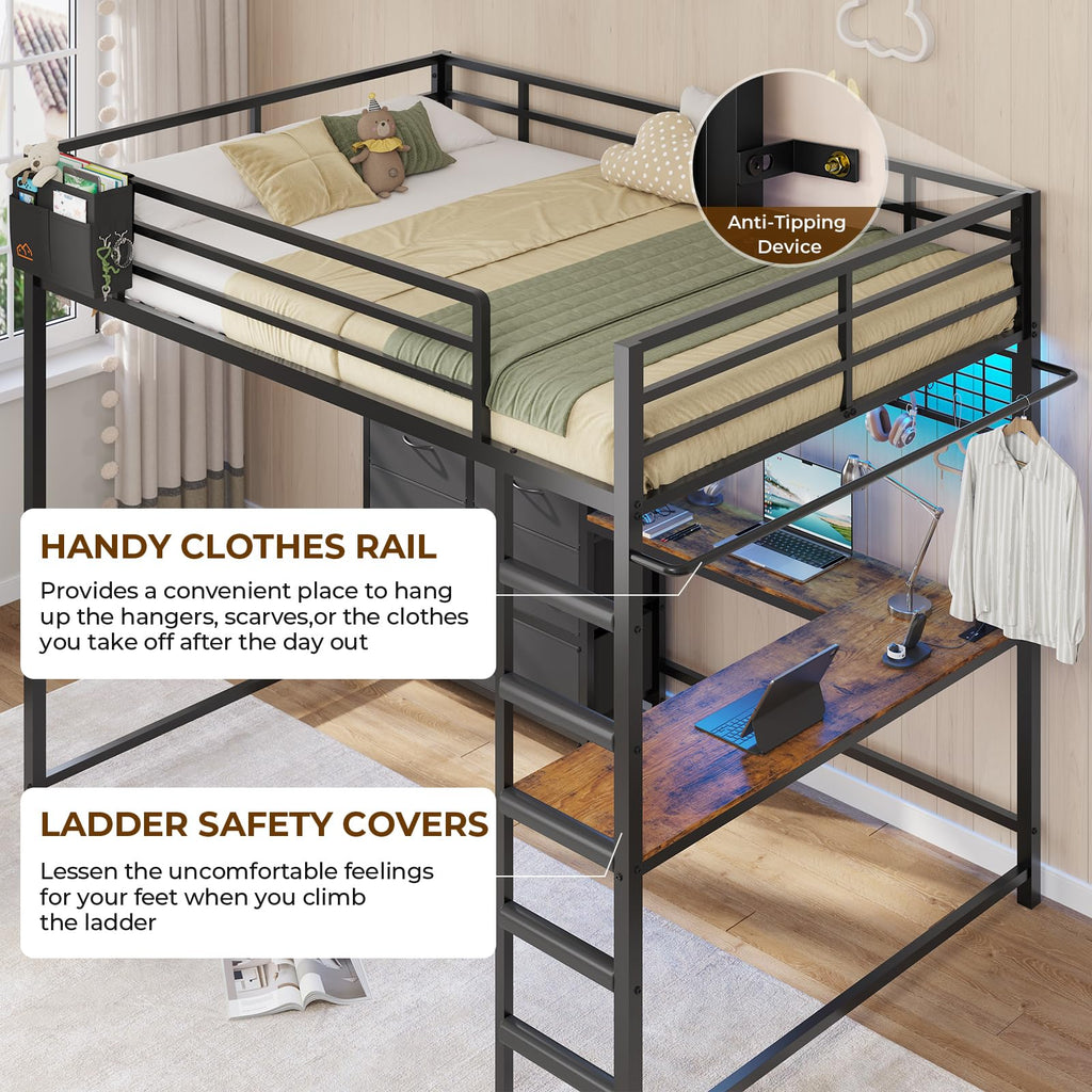 Full Size Loft Bed with L-Shaped Desk, 7 Storage Drawers, LED Lights and Charging Station, Black V3589