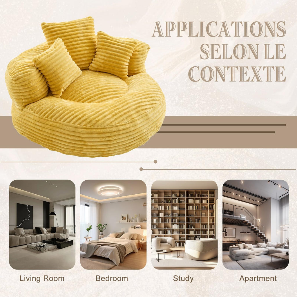 Oversized Corduroy Bean Bag Chair with 3 Pillows J317806