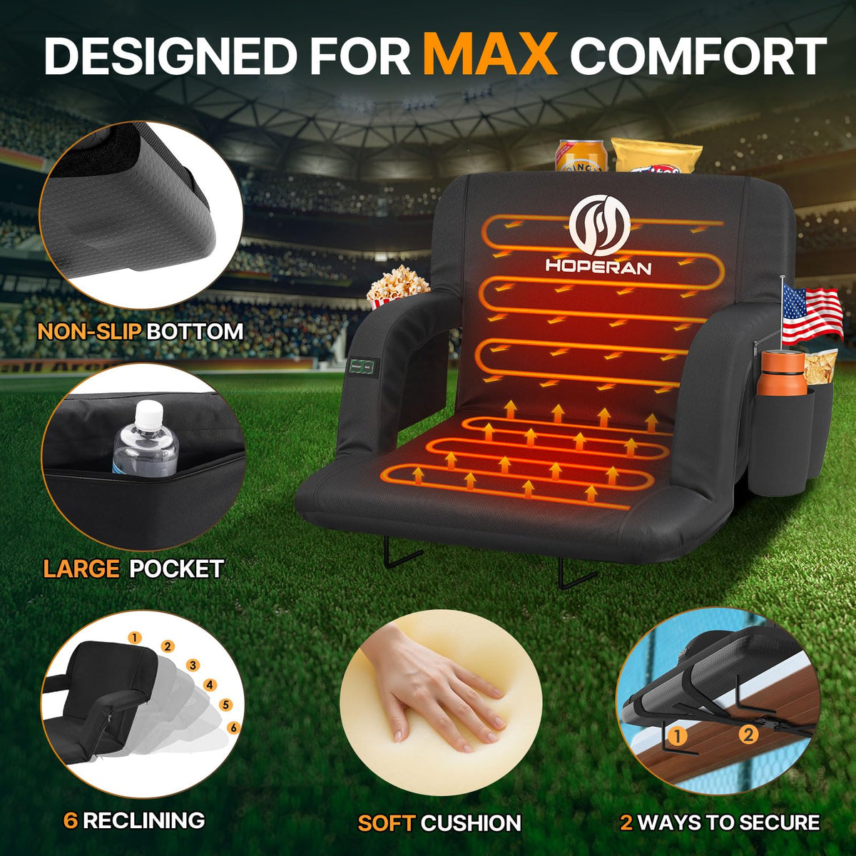 Black Heated Stadium Seats for Bleachers, 2 PCS P50348