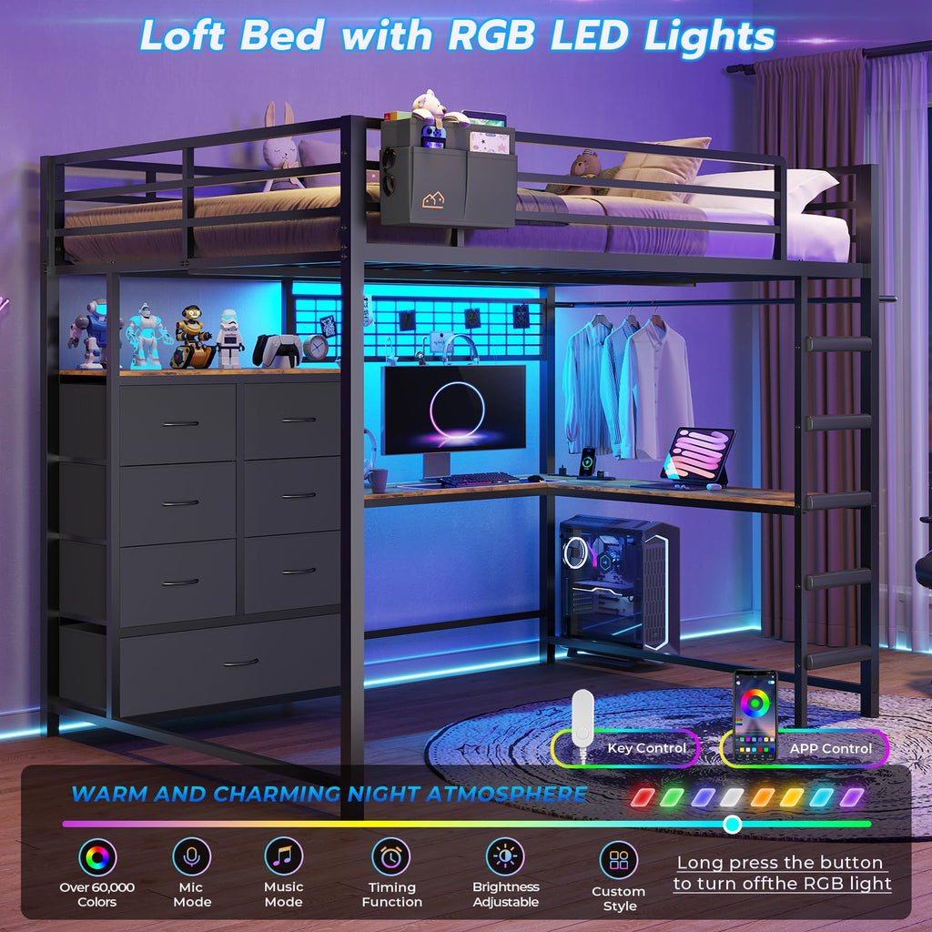 Full Size Loft Bed with L-Shaped Desk, 7 Storage Drawers, LED Lights and Charging Station, Black V3589