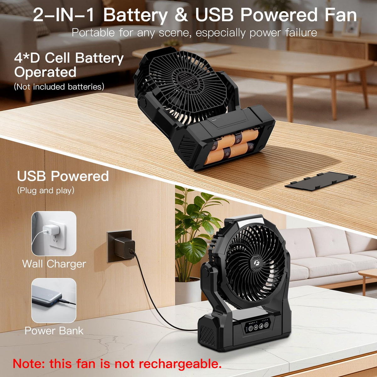 Battery Operated Portable Fan with 4 Speeds, 3 Timers & 2 Light Modes, Black V86330