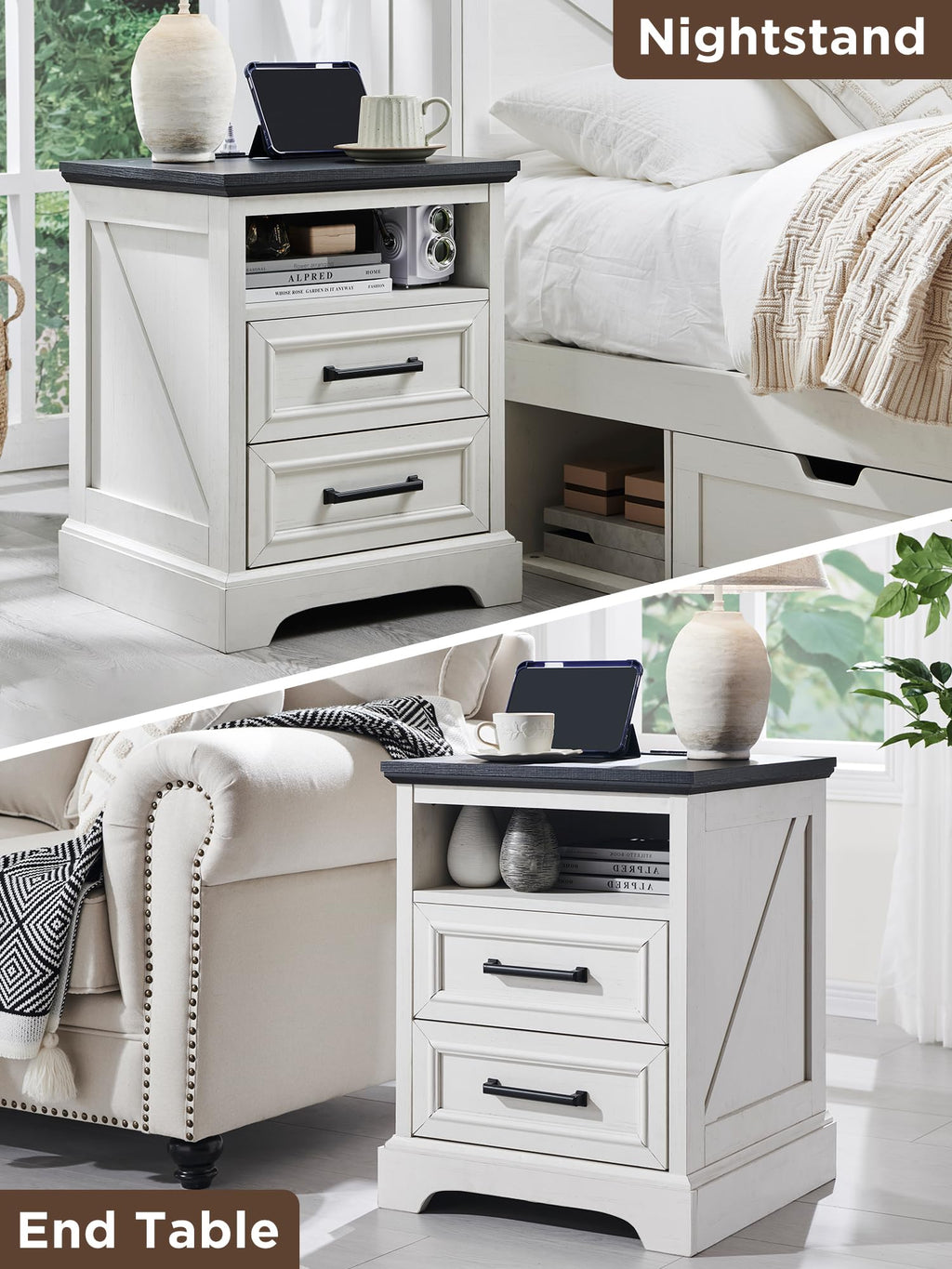 18" Antique White Nightstand with Charging Station O1986