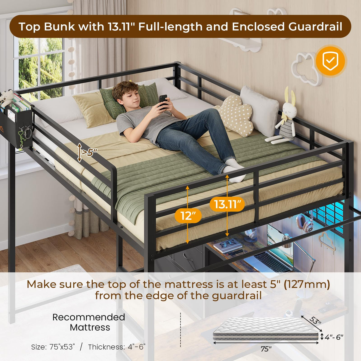 Full Size Loft Bed with L-Shaped Desk, 7 Storage Drawers, LED Lights and Charging Station, Black V3589