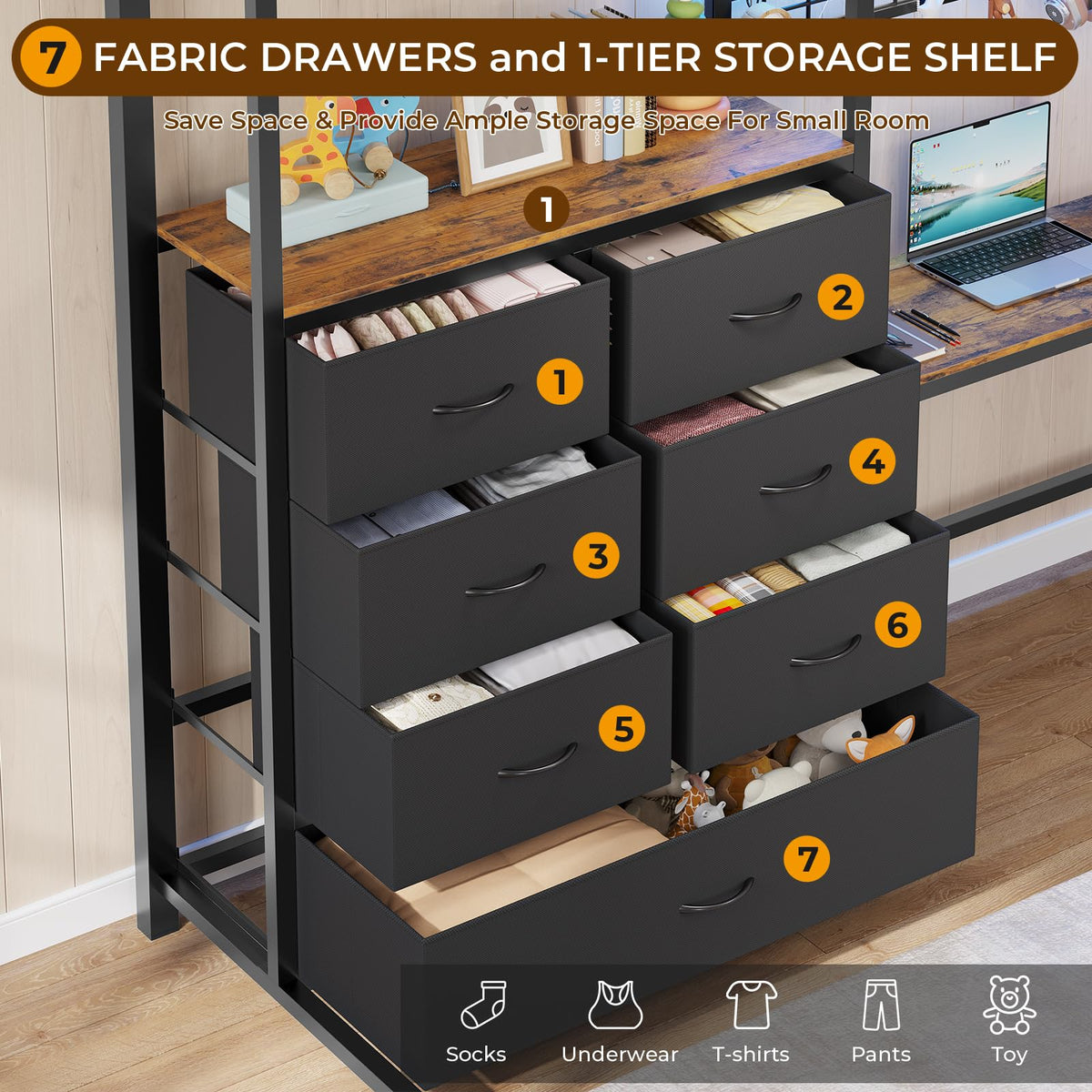 Full Size Loft Bed with L-Shaped Desk, 7 Storage Drawers, LED Lights and Charging Station, Black V3589