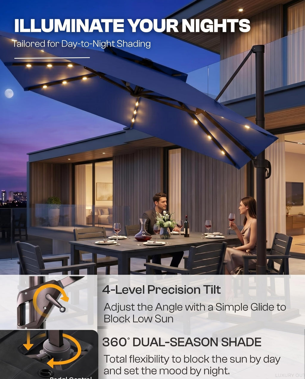 11x11 FT Double-Top Cantilever Patio Umbrella with Lights Z881