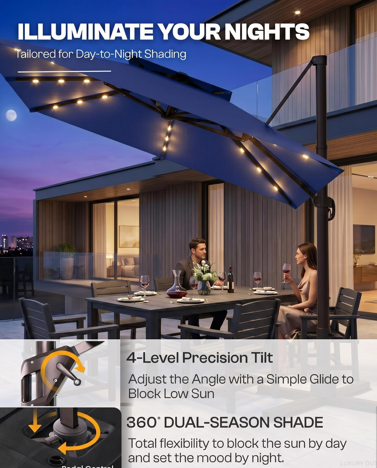 11x11 FT Double-Top Cantilever Patio Umbrella with Lights Z881