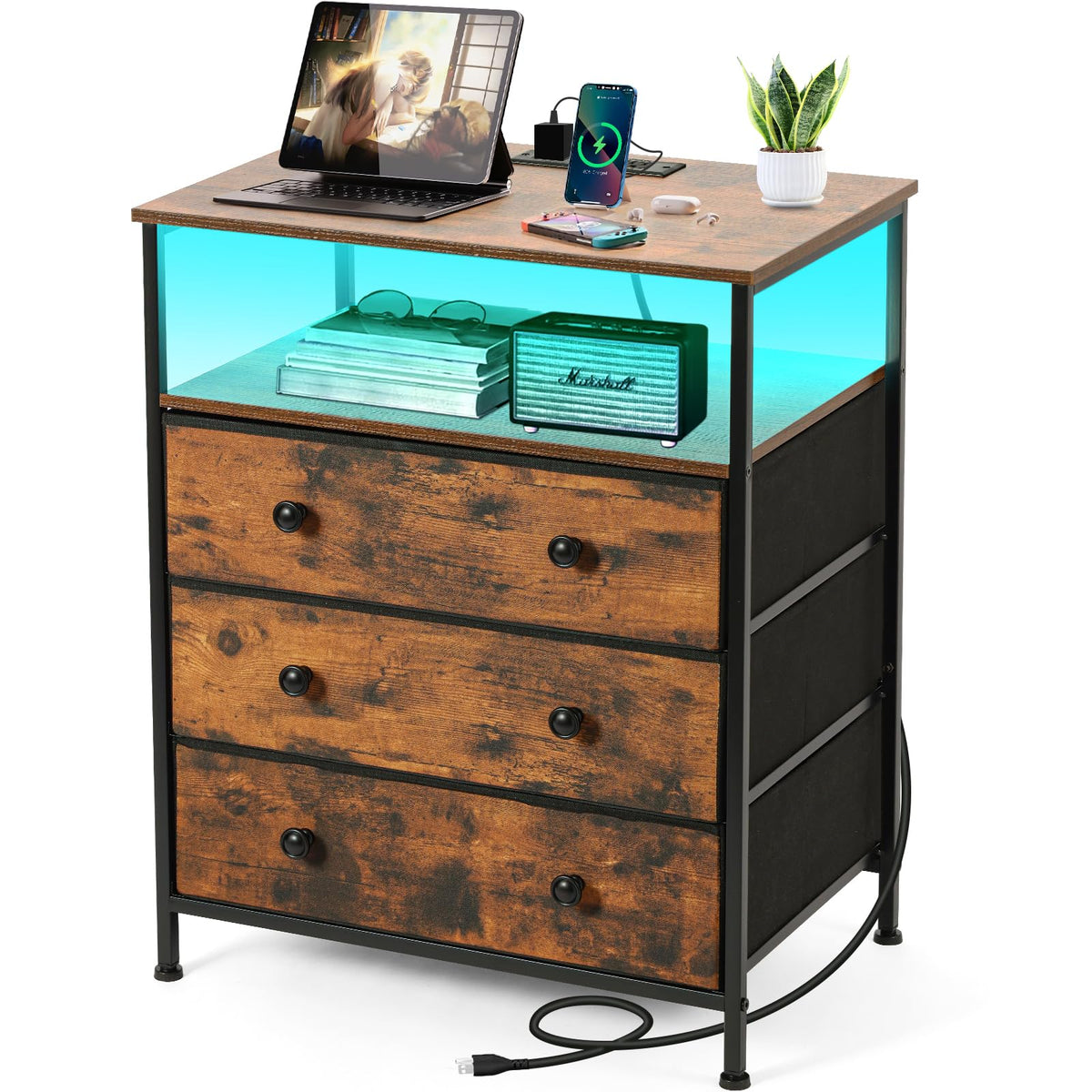 3-Drawer LED Nightstand with Charging Station K9818