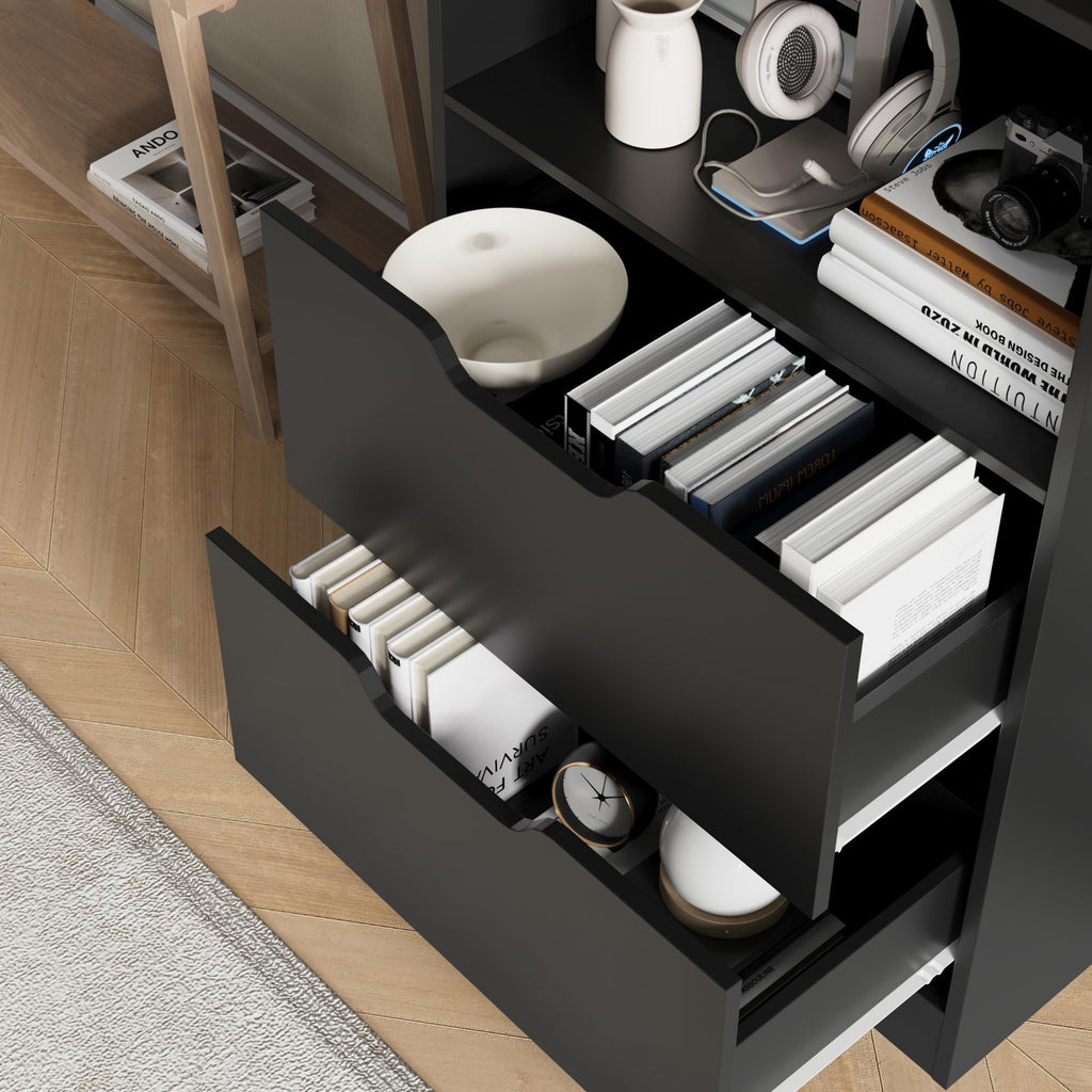 63" H Black Bookshelf with 2 Drawers J9178