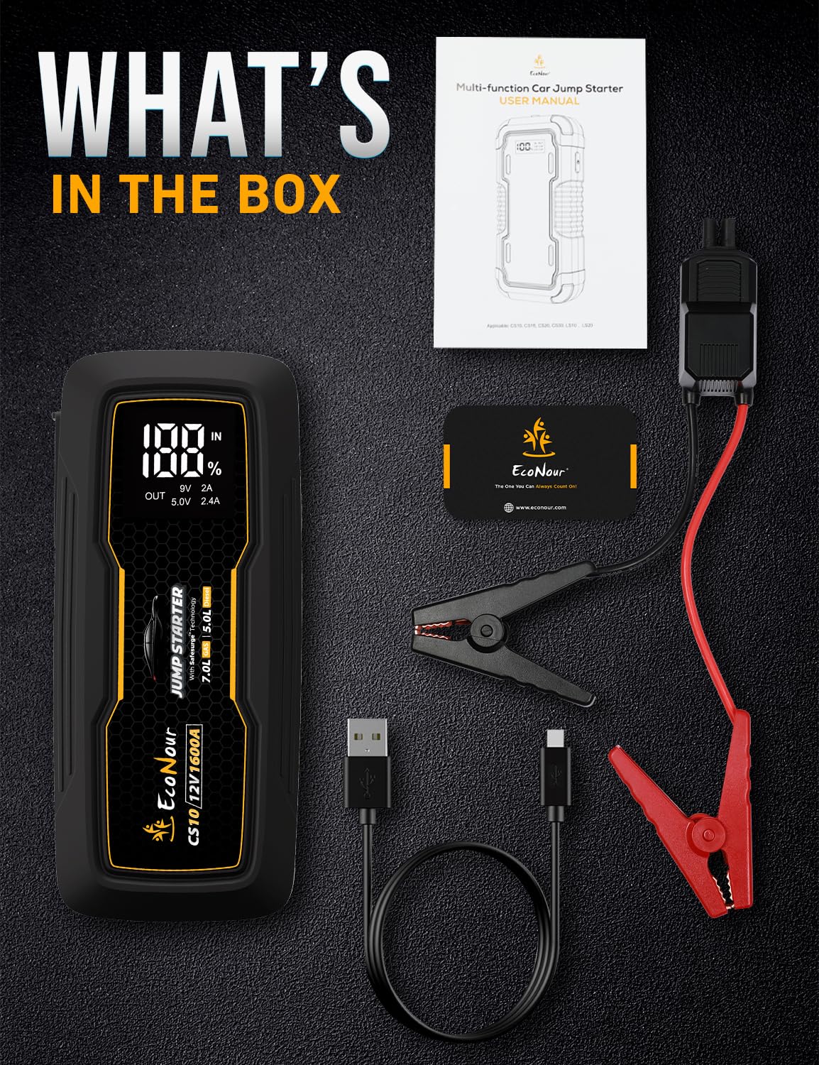 Portable 1600A Peak 12V Lithium Jump Box with Jumper Cables T656