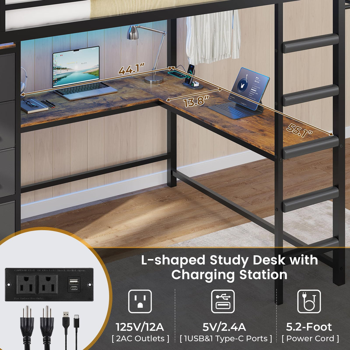 Full Size Loft Bed with L-Shaped Desk, 7 Storage Drawers, LED Lights and Charging Station, Black V3589