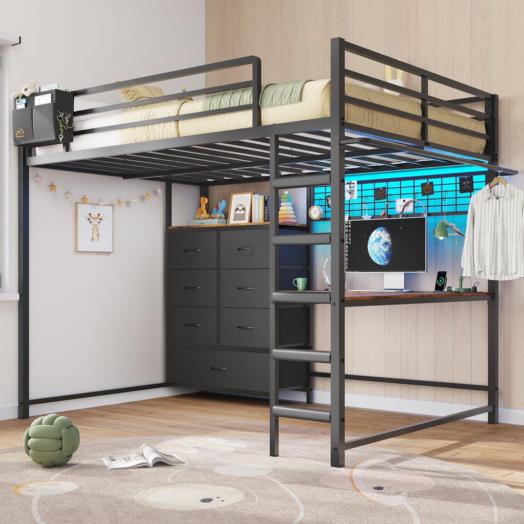 Full Size Loft Bed with L-Shaped Desk, 7 Storage Drawers, LED Lights and Charging Station, Black V3589