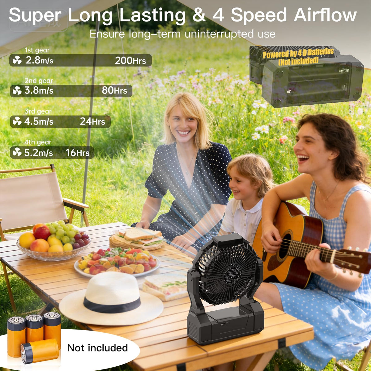 Battery Operated Portable Fan with 4 Speeds, 3 Timers & 2 Light Modes, Black V86330