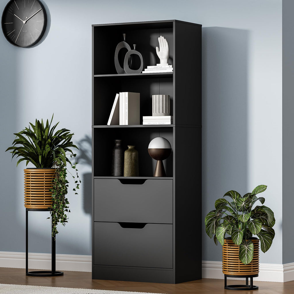 63" H Black Bookshelf with 2 Drawers J9178
