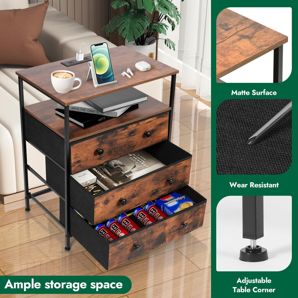 3-Drawer LED Nightstand with Charging Station K9818