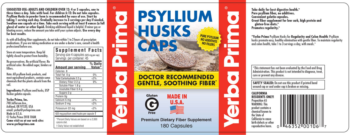 Psyllium Husks Caps Dietary Fiber 625 mg 180 Capsules T550