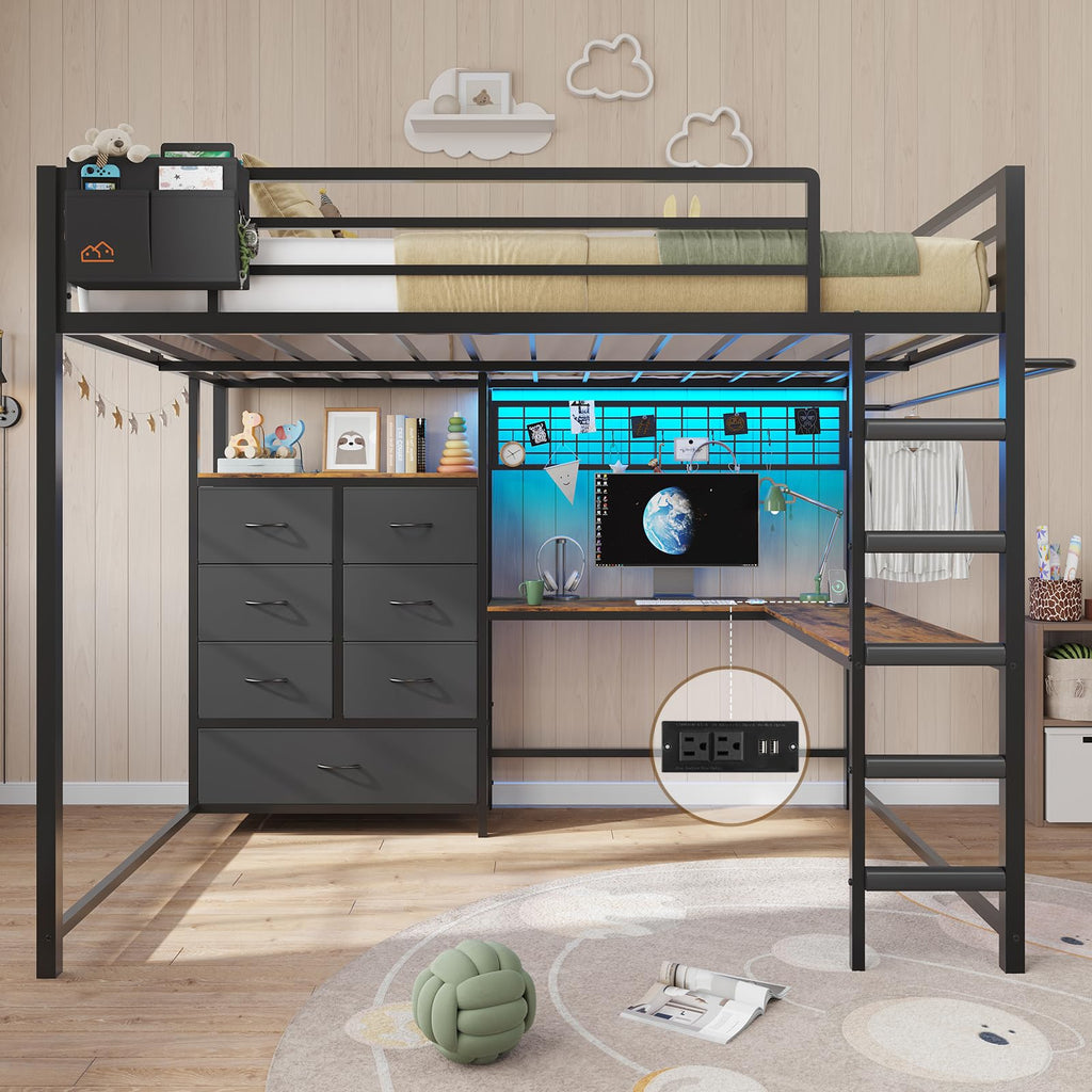 Full Size Loft Bed with L-Shaped Desk, 7 Storage Drawers, LED Lights and Charging Station, Black V3589