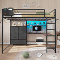 Full Size Loft Bed with L-Shaped Desk, 7 Storage Drawers, LED Lights and Charging Station, Black V3589