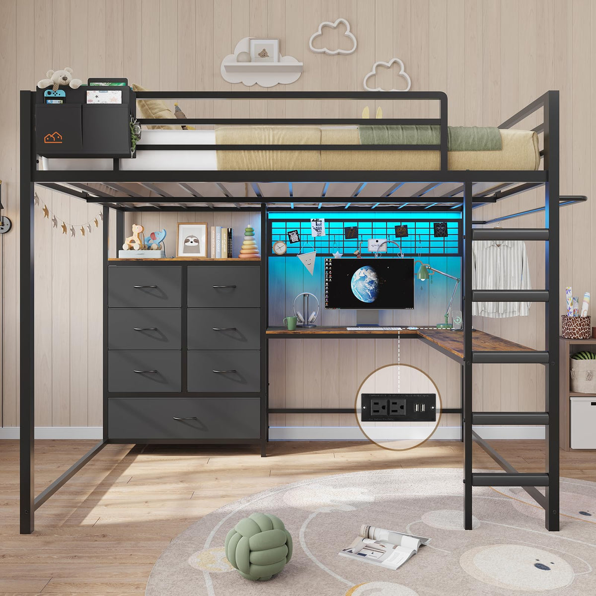 Full Size Loft Bed with L-Shaped Desk, 7 Storage Drawers, LED Lights and Charging Station, Black V3589