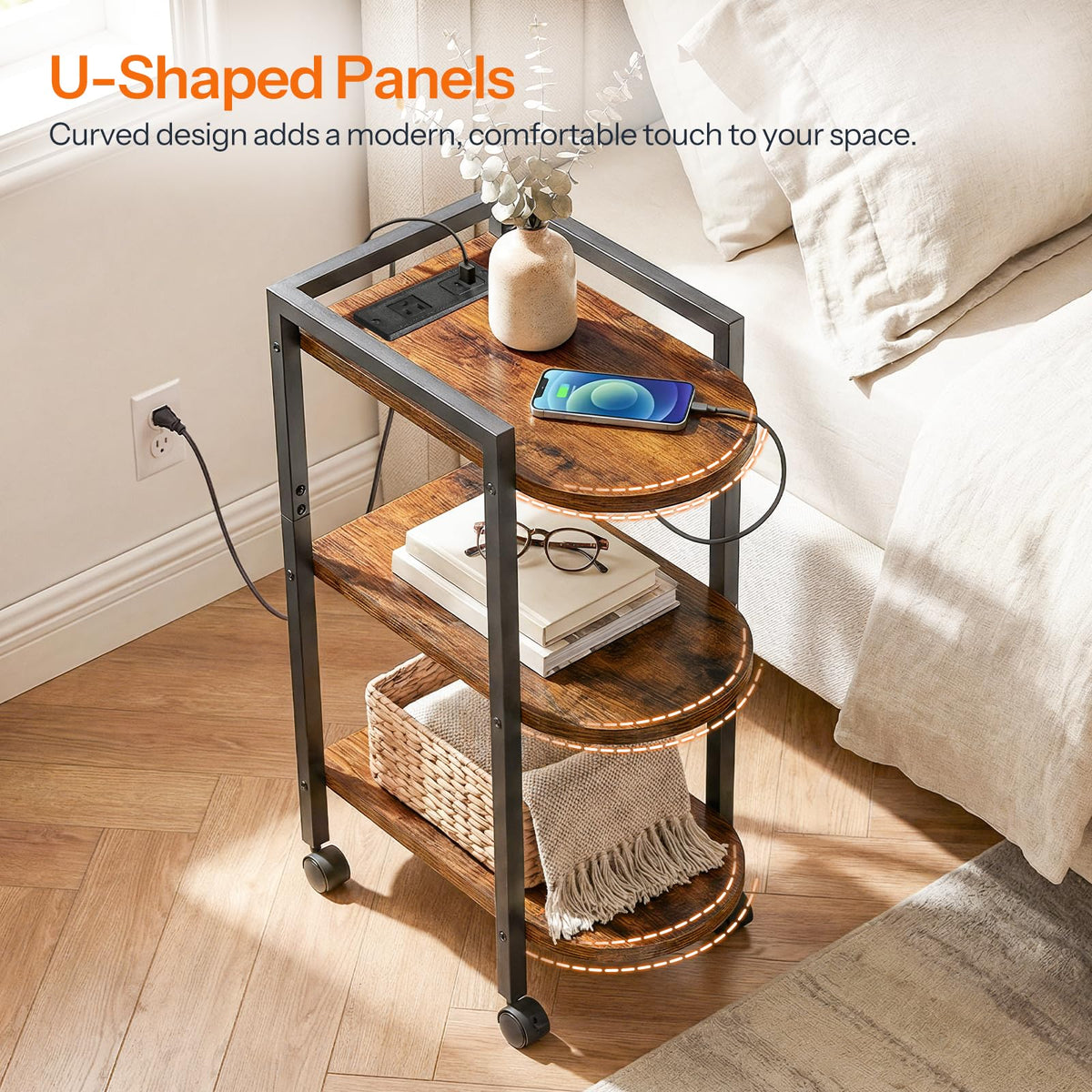 Rolling Narrow Side Table with Charging Station A651