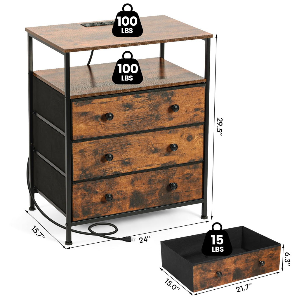 3-Drawer LED Nightstand with Charging Station K9818