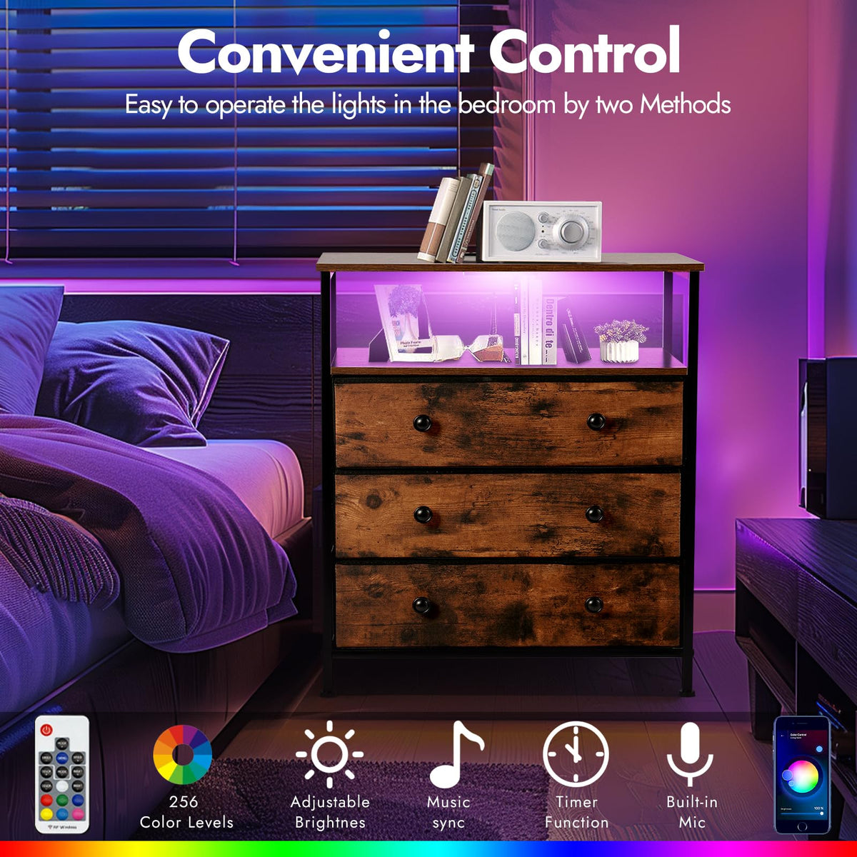 3-Drawer LED Nightstand with Charging Station K9818
