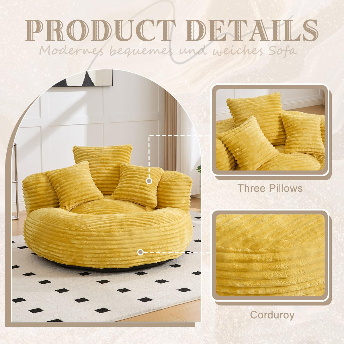 Oversized Corduroy Bean Bag Chair with 3 Pillows J317806