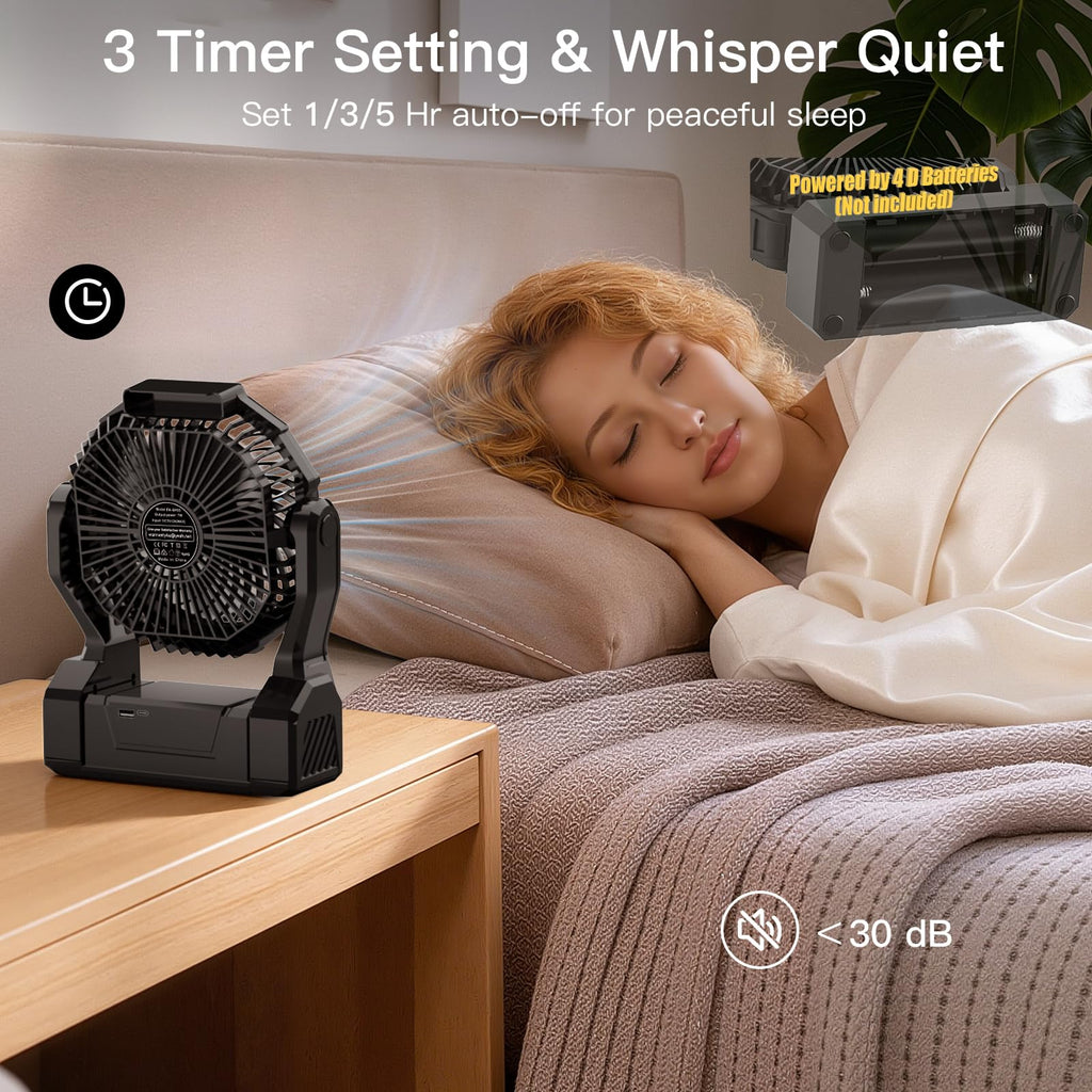 Battery Operated Portable Fan with 4 Speeds, 3 Timers & 2 Light Modes, Black V86330