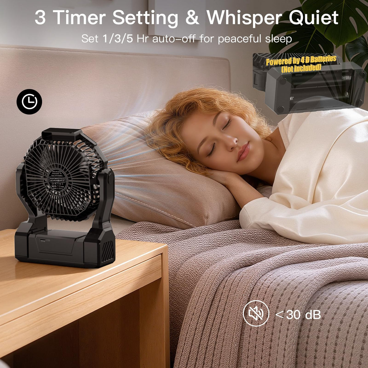 Battery Operated Portable Fan with 4 Speeds, 3 Timers & 2 Light Modes, Black V86330