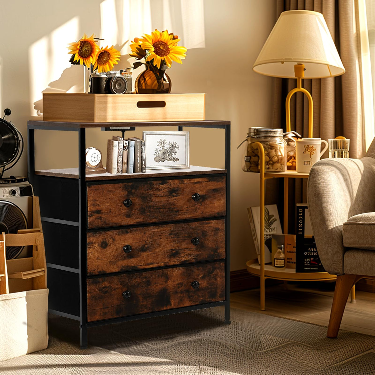 3-Drawer LED Nightstand with Charging Station K9818