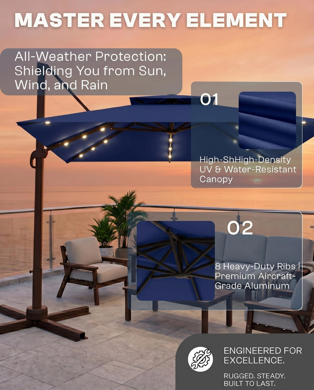 11x11 FT Double-Top Cantilever Patio Umbrella with Lights Z881