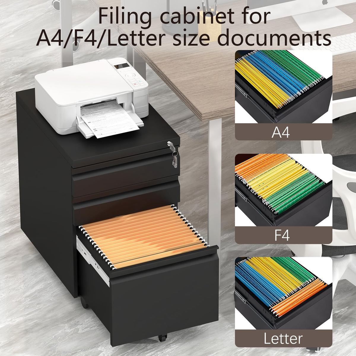 Black 3 Drawer Metal File Cabinet with Lock V836712