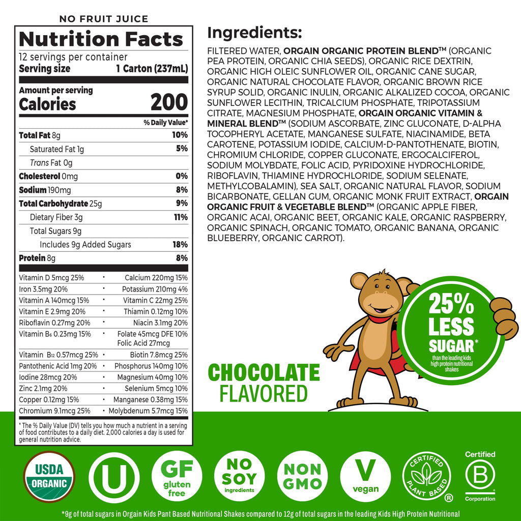 Organic Vegan Kids Protein Shakes Chocolate 8 Fl Oz 12 Pack N969